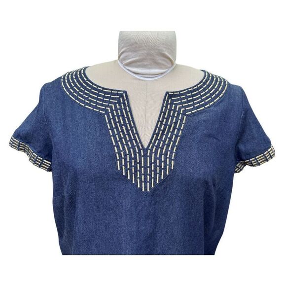 Dana Buchman Chambray Denim Dress Gold Metallic Neckline Sz. 14 - Picture 2 of 10